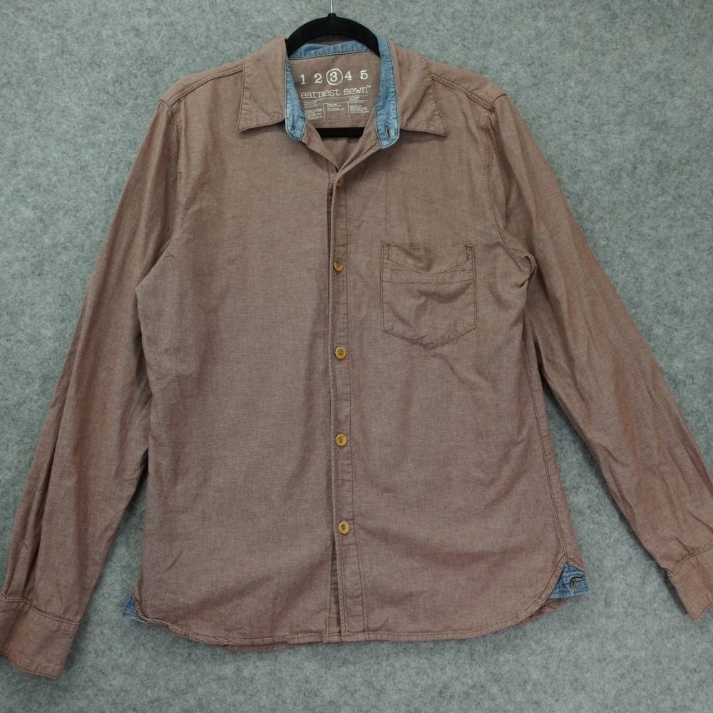 Pima Cotton Workwear Button Down Shirt Men MEDIUM Brown Chammbray EARNEST SEWN 3